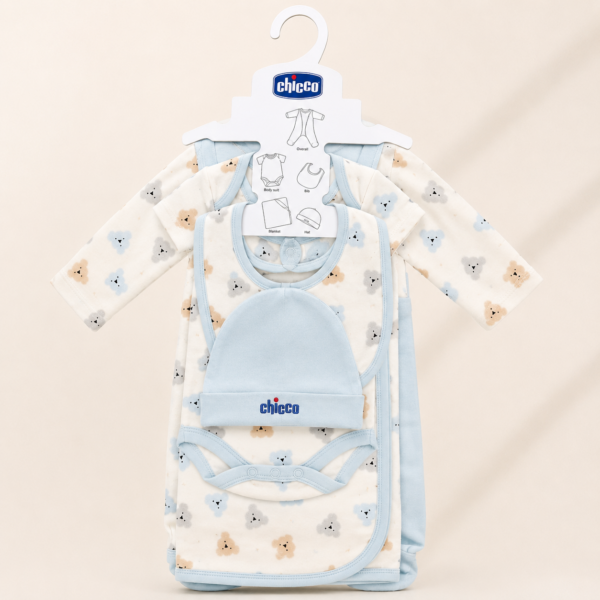 Chicco Premium Baby Boys 5-Piece Starter Set – Soft Cotton (0–12 Months) | Thailand Imported